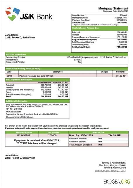Modèle Word et PDF de relevé hypothécaire de la Banque Jammu , et , Cachemire de l'Inde